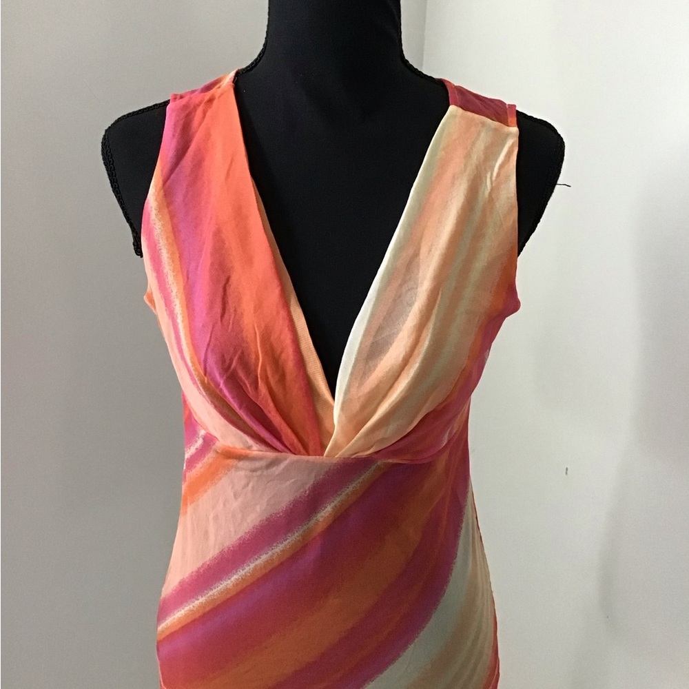 New York & Company Pink Orange Cream Striped Sleeveless V-Neck Camisole
